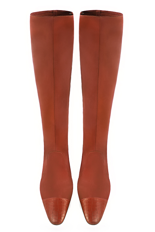 Terracotta orange women's feminine knee-high boots. Round toe. High block heels. Made to measure. Top view - Florence KOOIJMAN